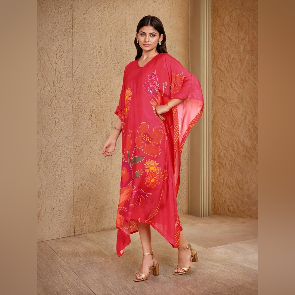 Soch Womens Fuchsia Floral Print Muslin Kaftan With Beaded Neckline